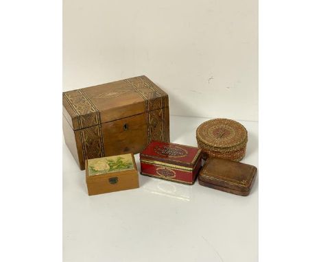 A leather box, a raffia and wicker box and a Best Wishes treen box, a Victorian Tumbridgeware walnut style two division tea c
