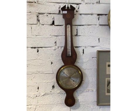 A Georgian barometer and thermometer in an inlaid mahogany banjo pattern case, the silvered registers inscribed F D Volenti  