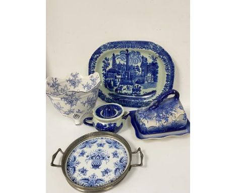 A collection of blue and white including a modern Ironstone china blue and white ashet decorated with classical scene, a lemo