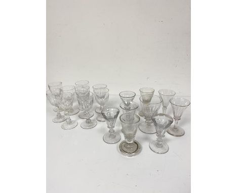 A near set of nine 19thc crystal thumb cut port glasses, two 19thc three penny lick glasses, a 19thc handblown toasting style