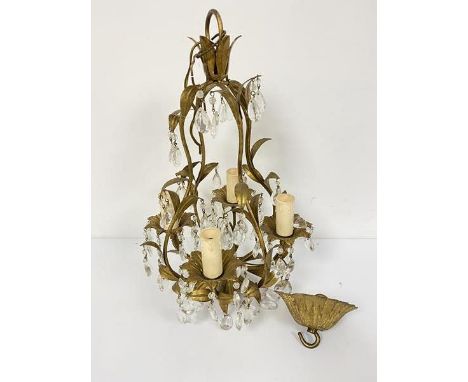 A gilt metal four branch pear shaped pendant glass faceted drop mounted light fitting complete with ceiling mount (45cm x d.2
