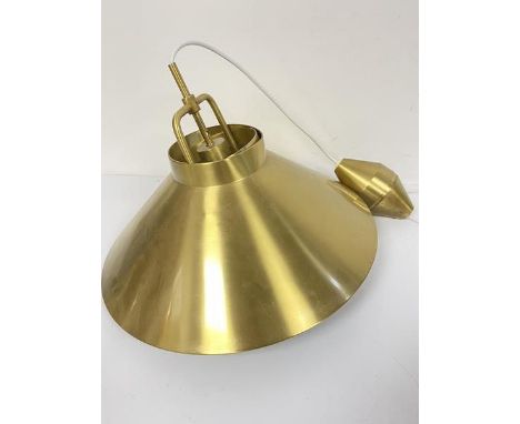 A brushed brass effect Danish pendant light fitting of tapered funnel shape complete with central light fitting and weighted 
