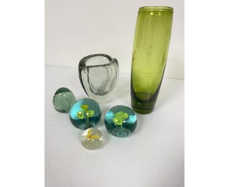 A Swedish Holmegaard green glass tapered cylinder vase (22cm), signed verso and a K. Frank 1959 oval two section mould blown 