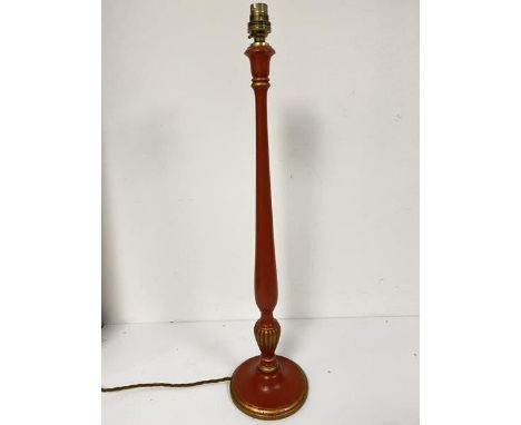 A treen red and gilt lacquered candlestick baluster table lamp on footed circular moulded base (59cm. base: d.15cm)