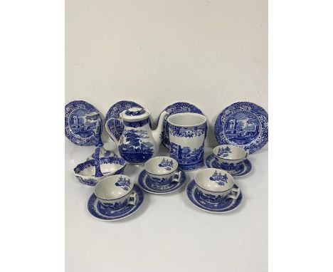 A Spode Italianware spill vase, basket, candlestick, a set of four side plates and four Spode Willow pattern coffee cups, cof