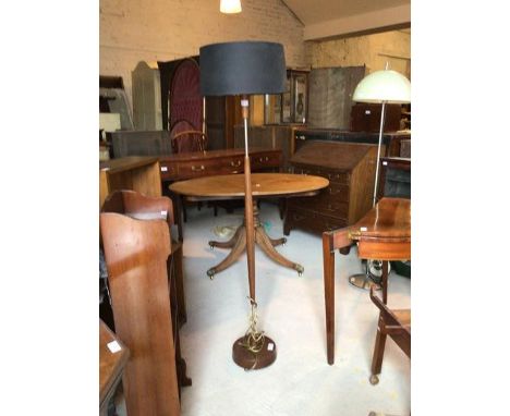 A mid century teak and chromed standard lamp with decorative shade, H152cm