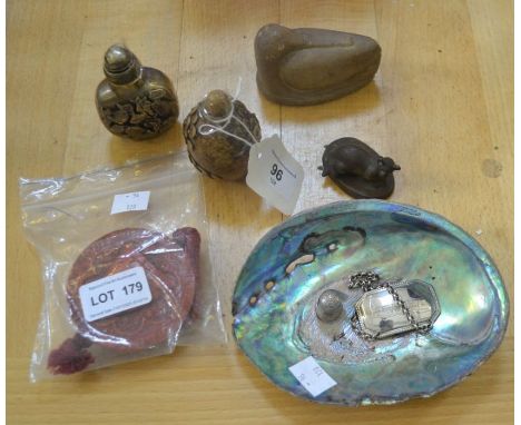 Two carved Chinese snuff bottles, possibly Inuit carved stone pelican, red wax seal, plus bottle label, abalone shell and a t