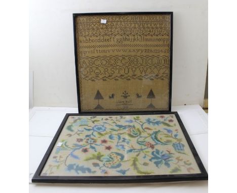 An 1838 needlework sampler, a needlework picture, a woolwork inset firescreen, and woolwork profile of a peacock