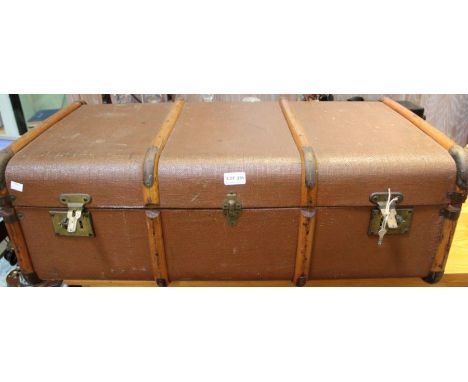 Hessian covered staved travelling trunk and a suitcase