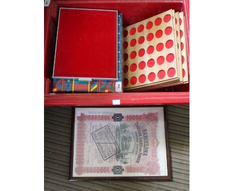 A crate containing a varied selection of old &amp; contemporary collectors coinage, together with a framed share certificate