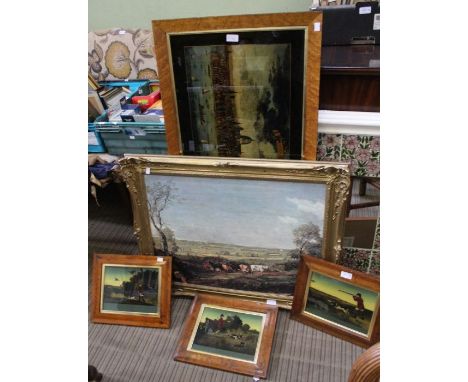 A reproduction reverse glass Prospect of Old London, together with three glass Shooting prints &amp; a textured print of a ru