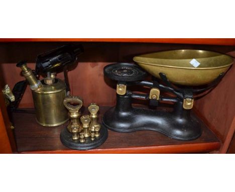 A pair of Robert Welch kitchen scales, together with weights together with a brass blowtorch &amp; a brass horse &amp; cart