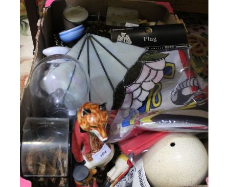 A box containing model foxes, model aircraft, postal scales &amp; weights, Art Deco design table light