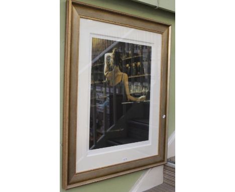 After Perez, signed limited edition print of a female 'At The Bar', signed &amp; numbered 45/195, in gallery mount &amp; fram
