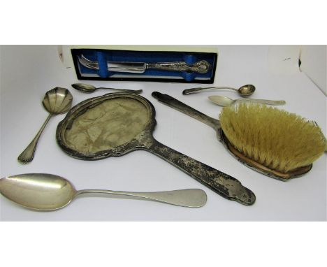 Mixed collection of antique and later silver spoons to include preserve spoons, teaspoons, etc; together with further silver 