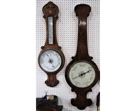 Unusually broad burr walnut barometer, 100 cm high, together with a further oak aneroid barometer thermometer (2) 