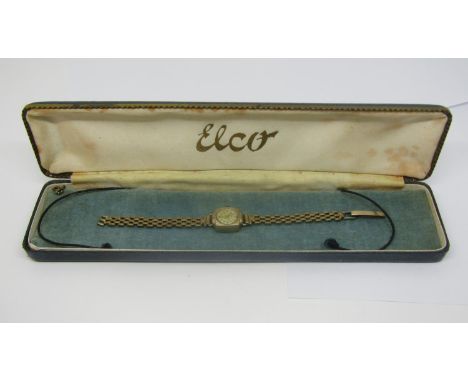 Vintage ladies Elco 9ct cocktail watch, circular champagne dial with gilt baton markers and hands, 13mm case, currently runni