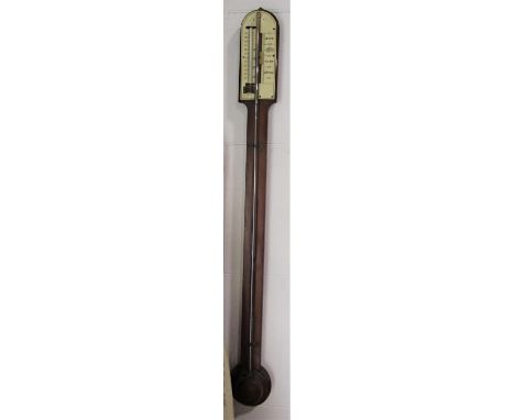 19th century mahogany stick barometer with ivory type back plate, 90 cm long 