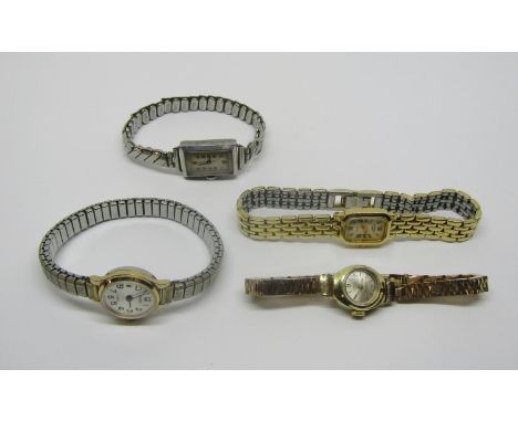 A collection of vintage ladies dress watches to include a 14k Rodania dress watch with associated gold plated bracelet, a fur