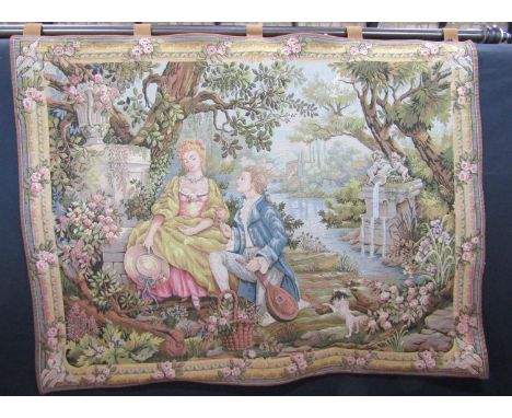 French wall tapestry with wooden mounting rail, 'Jardin d'Amour', machine made for Franklin Mint. 118x90cm (1) 