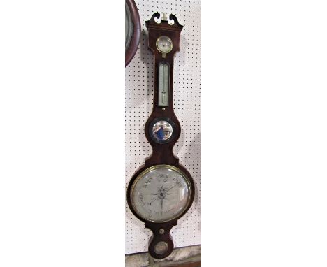 J Bertolla of Oxford flame mahogany and boxwood inlaid barometer thermometer, with silvered plate dials, 110 cm 