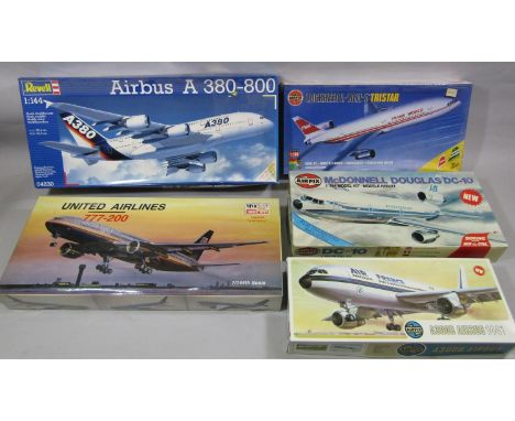 5 model kits of Airliner planes, all scale 1:144 including Airfix Airbus A300B, Douglas DC10 and Lockheed Tristar, Minicraft 