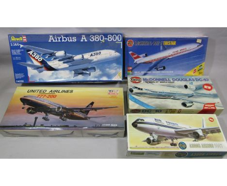 5 model kits of Airliner planes, all scale 1:144 including Airfix Airbus A300B, Douglas DC10 and Lockheed Tristar, Minicraft 