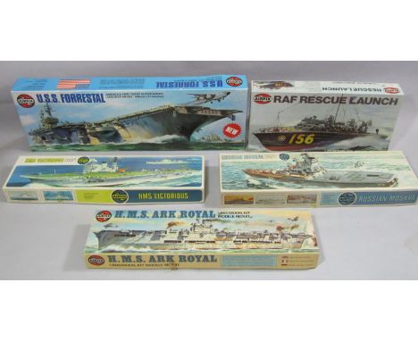 4 large Airfix models of ships, scale 1:600 including HMS Victorious, HMS Ark Royal, USS Forrestal, Russian Moskva together w