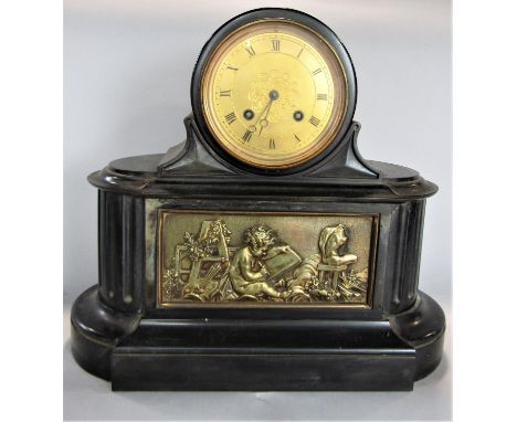 19th century black slate mantle clock of architectural form, the engraved gilt dial with Roman numerals and two train movemen