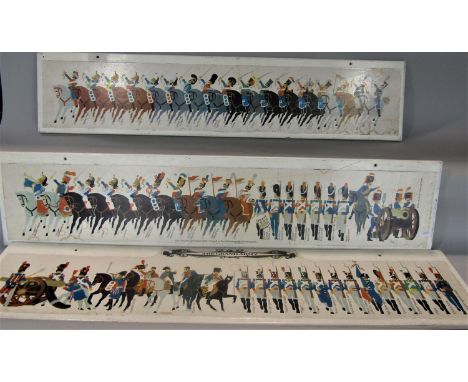 Three long wooden boards decorated with processions of the Grand Army in a vintage style, each 100cm long (3) 