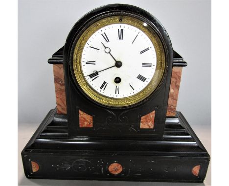 19th century black slate architectural mantle clock with single train enamel dial, 25 cm high 