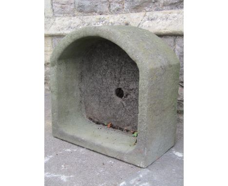 A natural stone D end trough with central drainage hole, approx 60cm wide x 58cm deep x 27cm high 