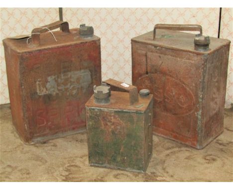 Three vintage petrol cans two Shell, the other Esso (complete with brass screw caps) 