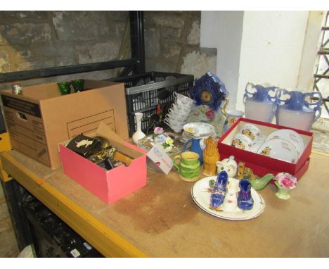 Four boxes of miscellaneous ceramics and coloured glassware including an Alfred Meakin studio part coffee service with huntin