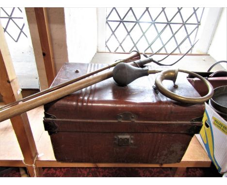 Mixed lot to include a tin trunk, pitch fork, brass horn, car horn and vintage massage tool 