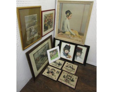 A collection of pictures and prints including a late 19th century oriental coloured wood block type print with artists workin