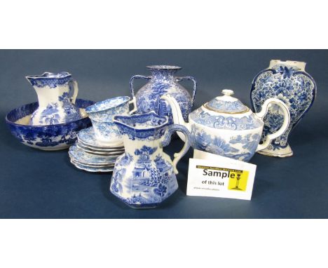 A quantity of blue and white printed ceramics including a Copeland Spode Italian pattern bowl, 24.5cm approx, an oval dish, e