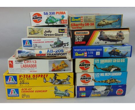 13 model aircraft kits of Helicopters, all 1:72 scale, including kits by Airfix, Italaeri, Revell, Hobbycraft, ESCI and Match