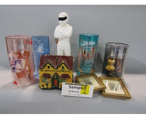 A collection of vintage Jean Paul Gaultier perfume in original boxes, a small brass curb, some miniature pictures, two Dr Bar