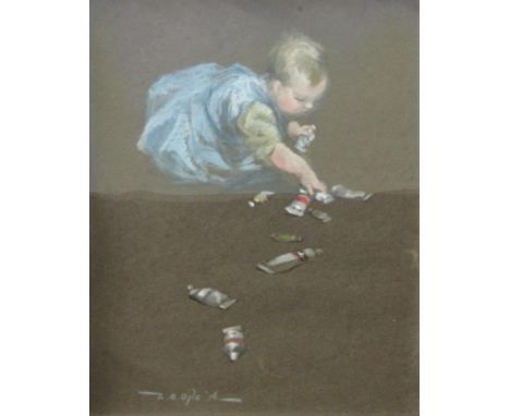 Richard B Ogle (British 1889-1976) - Study of a baby playing with tubes of artist's paint, gouache on coloured card, signed a