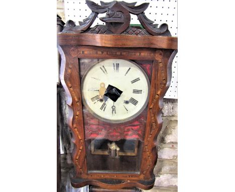 American walnut and parquetry drop dial two train wall clock, 86 cm, pendulum and key 