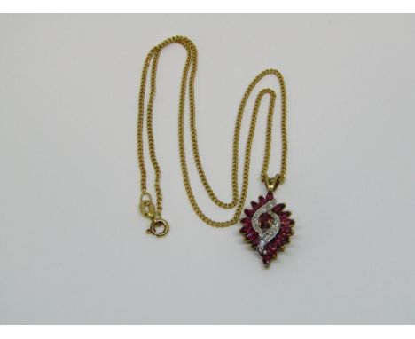 Vintage 9ct ruby and diamond cluster pendant necklace, 5.4g 