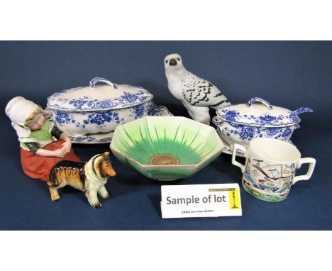 A collection of ceramics including a pair of 19th century continental bisque figures of seated Dutch children and a further s