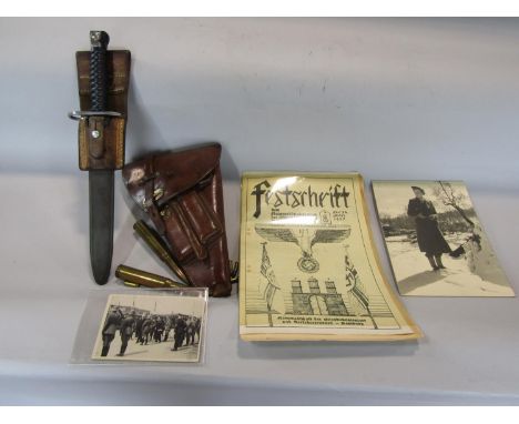 Leather pistol holster bayonet marked F&amp;W - V 317405 with leather scabbard and a number of empty shell cases together wit