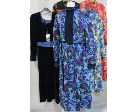 5 vintage ladies dresses by Scottish designer Marion Donaldson, including 4 in colourful prints with long sleeves, collar, an