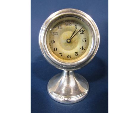 Good quality art deco period silver desk clock of atomic form, the globular case work fitted with a silvered dial, Arabic num
