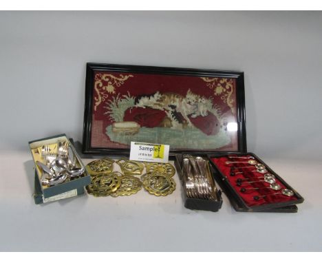 A mixed miscellaneous lot comprising a set of six Art Deco silver coffee bean spoons, a large collection of silver plated fla