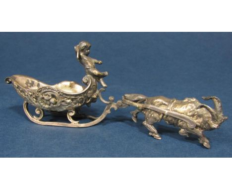 Victorian silver cast figural salt in the form of a ram pulling a troika ridden by a cherub, imported silver with English mar