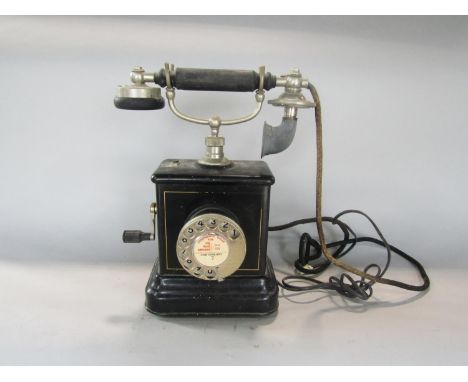 Vintage Kirstin Kirks telephone, with windup handle and japanned steel frame, 32cm high 