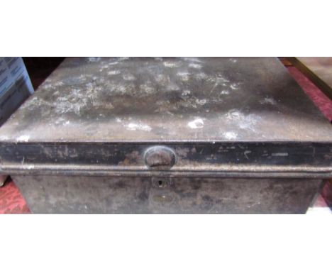 A military steel writing slope, the hinged lib enclosing a waterfall letter rack and part fitted interior, 51cm wide, togethe
